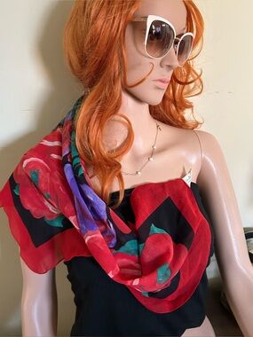 Women's Red Floral Scarf with Bold Accent Colors - Fashion Accessory